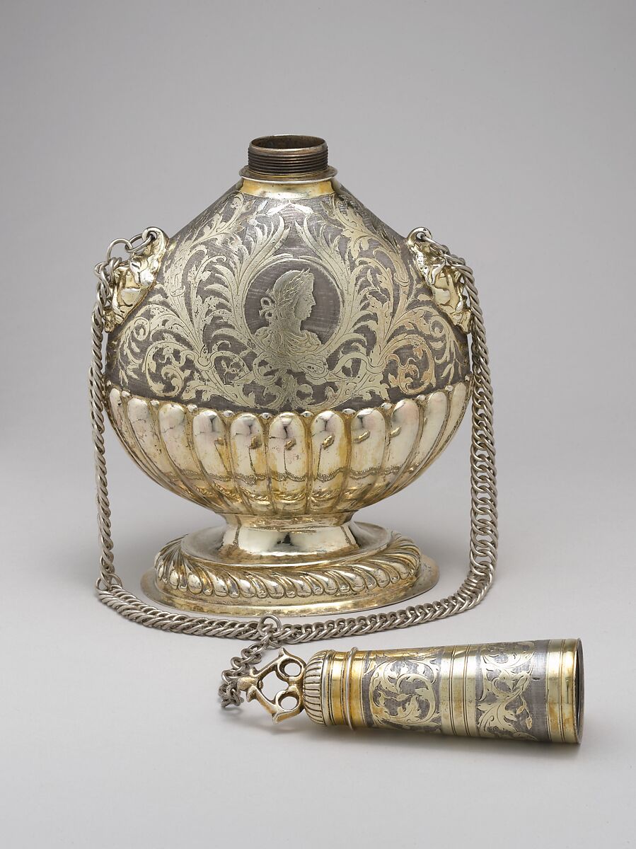 Pilgrim flask, I.P.S., Parcel gilt, German, Leipzig 