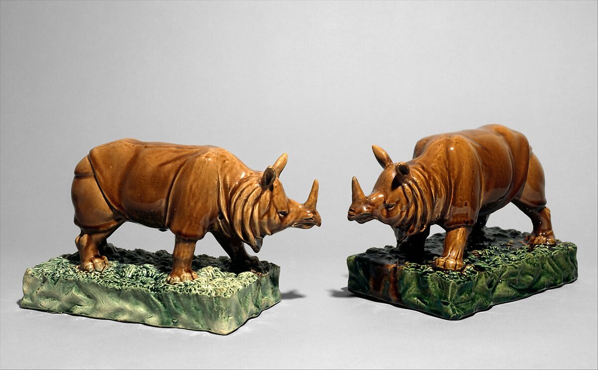 Rhinoceros (one of a pair), Ralph Wood the Younger (British, Burslem 1748–1795 Burslem), Lead-glazed earthenware, probably French 