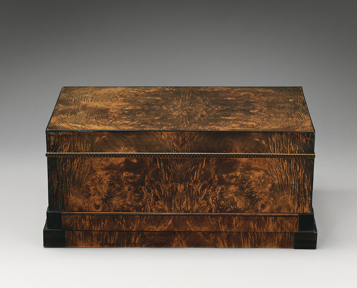 Mechanical casket, Heinrich Gambs (Durlach–Baden 1765–1831 Saint Petersburg), Burr-maple, ebony and ebonized fruitwood, mahogany, birch, gold-colored silk and green baize, Russian, St. Petersburg