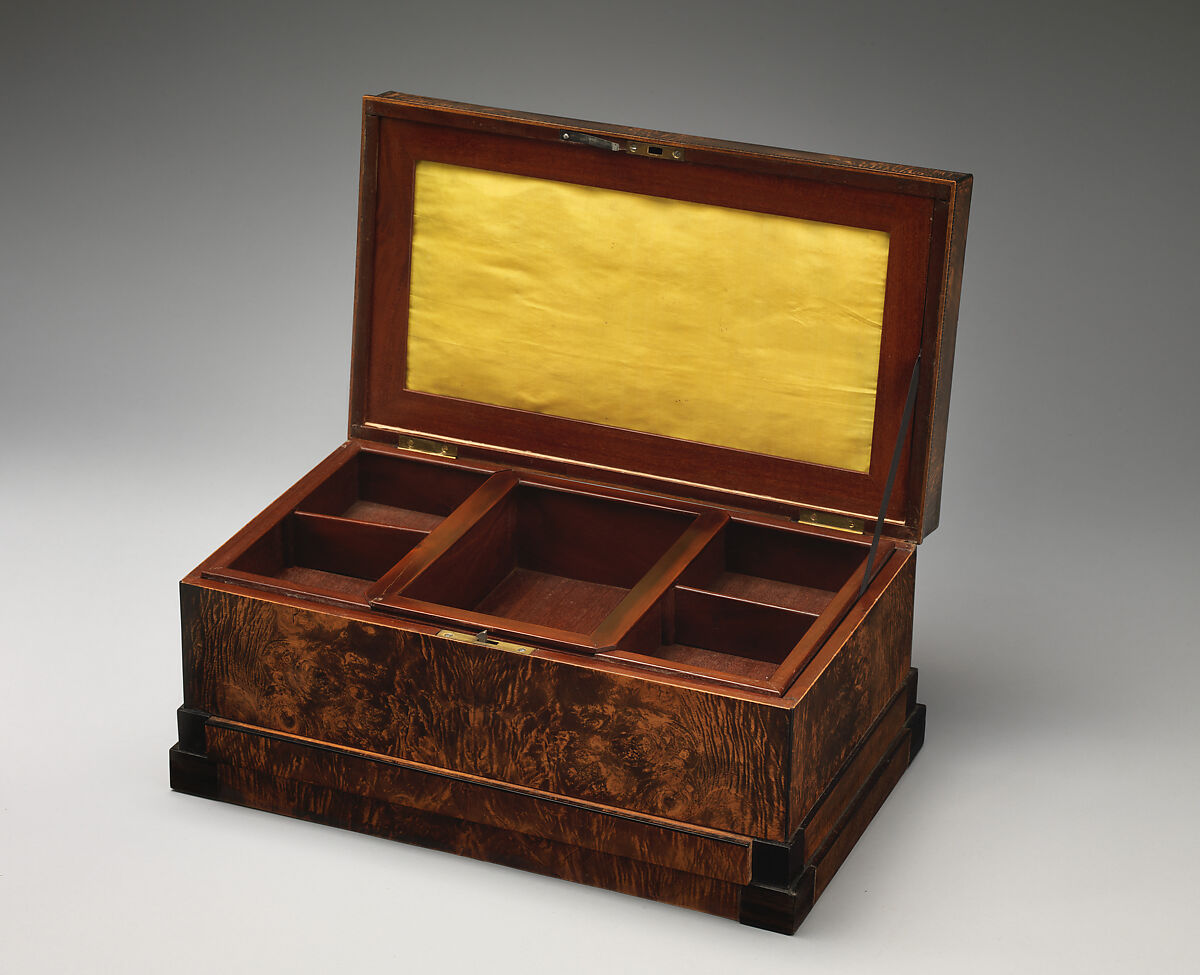Mechanical casket, Heinrich Gambs (Durlach–Baden 1765–1831 Saint Petersburg), Burr-maple, ebony and ebonized fruitwood, mahogany, birch, gold-colored silk and green baize, Russian, St. Petersburg