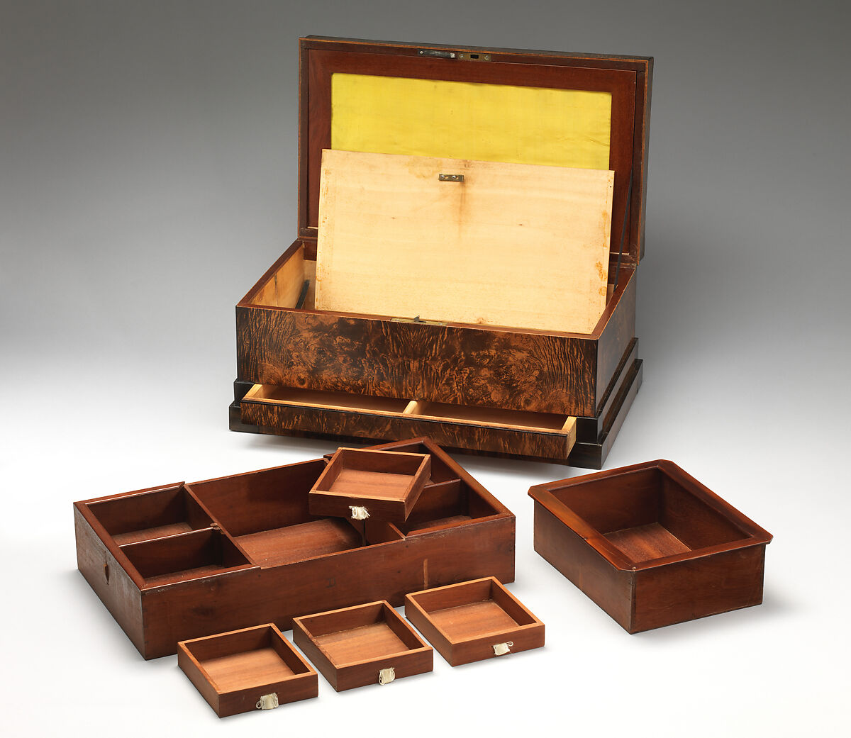 Mechanical casket, Heinrich Gambs (Durlach–Baden 1765–1831 Saint Petersburg), Burr-maple, ebony and ebonized fruitwood, mahogany, birch, gold-colored silk and green baize, Russian, St. Petersburg