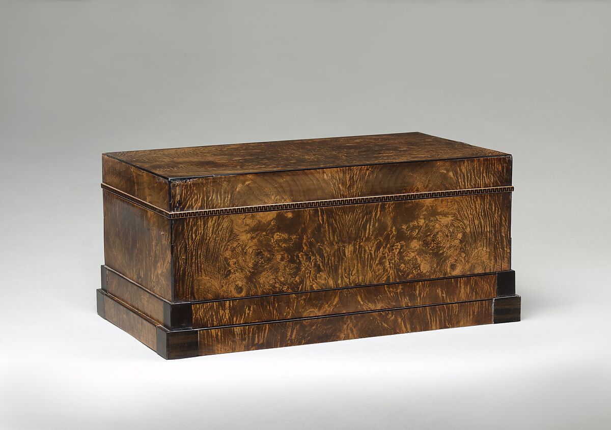 Mechanical casket, Heinrich Gambs (Durlach–Baden 1765–1831 Saint Petersburg), Burr-maple, ebony and ebonized fruitwood, mahogany, birch, gold-colored silk and green baize, Russian, St. Petersburg 