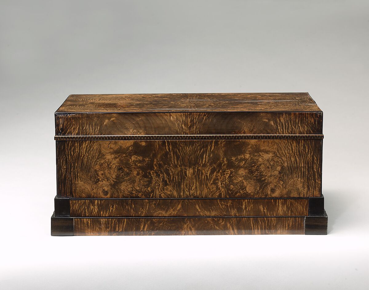 Mechanical casket, Heinrich Gambs (Durlach–Baden 1765–1831 Saint Petersburg), Burr-maple, ebony and ebonized fruitwood, mahogany, birch, gold-colored silk and green baize, Russian, St. Petersburg