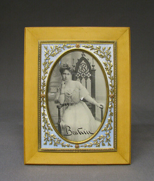 Picture frame with signed photograph, House of Carl Fabergé, Silver-gilt, enamel, birchwood, Russian, St. Petersburg 
