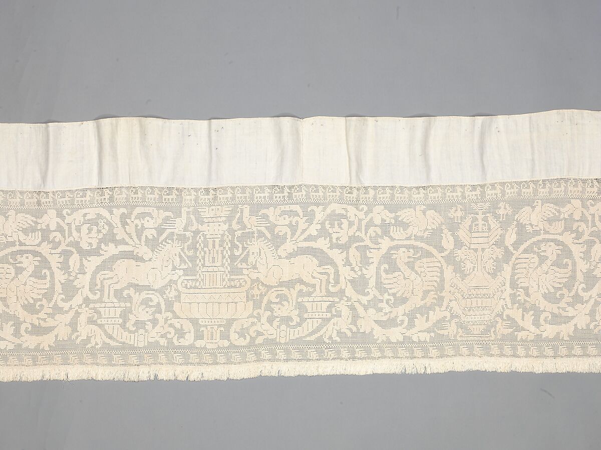 Valance, Embroidered net, buratto, linen, Italian