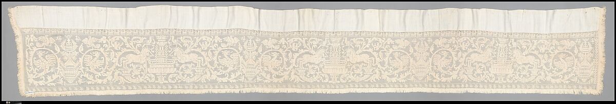 Valance, Embroidered net, buratto, linen, Italian
