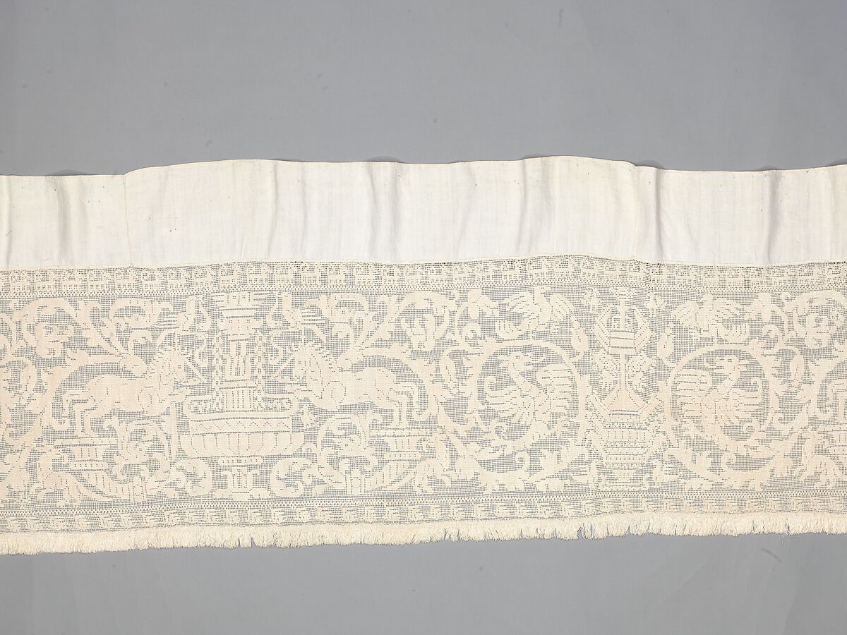 Valance, Embroidered net, buratto, linen, Italian