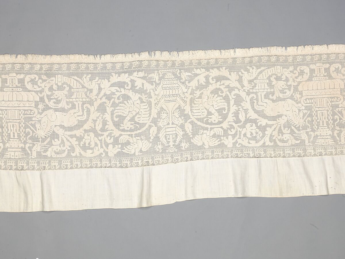 Valance, Embroidered net, buratto, linen, Italian