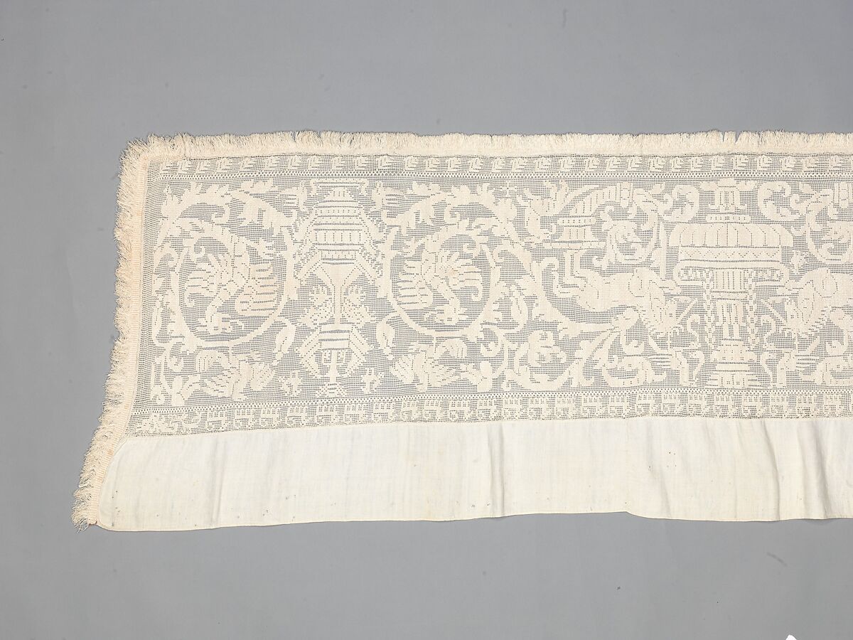 Valance, Embroidered net, buratto, linen, Italian