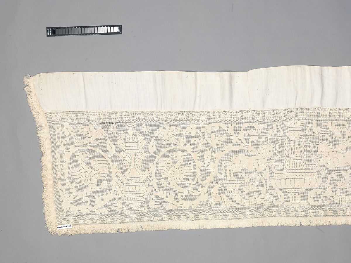 Valance, Embroidered net, buratto, linen, Italian