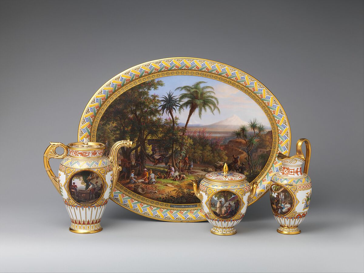 Partial coffee service (Déjeuner “Culture et Récolte du cacao”), Sèvres Manufactory (French, 1740–present), Hard-paste porcelain decorated in polychrome enamels, gold, French, Sèvres 