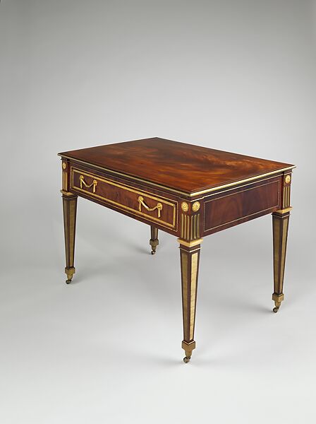 Architect's table, David Roentgen (German, Herrnhaag 1743–1807 Wiesbaden, master 1780), Oak, mahogany, walnut, pine, and cherry, veneered with mahogany; gilt bronze, brass, iron, steel; partially tooled and gilded leather, German, Neuwied am Rhein