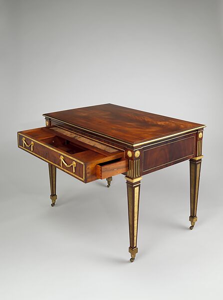Architect's table, David Roentgen (German, Herrnhaag 1743–1807 Wiesbaden, master 1780), Oak, mahogany, walnut, pine, and cherry, veneered with mahogany; gilt bronze, brass, iron, steel; partially tooled and gilded leather, German, Neuwied am Rhein
