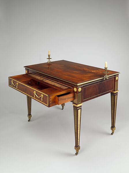 Architect's table, David Roentgen (German, Herrnhaag 1743–1807 Wiesbaden, master 1780), Oak, mahogany, walnut, pine, and cherry, veneered with mahogany; gilt bronze, brass, iron, steel; partially tooled and gilded leather, German, Neuwied am Rhein