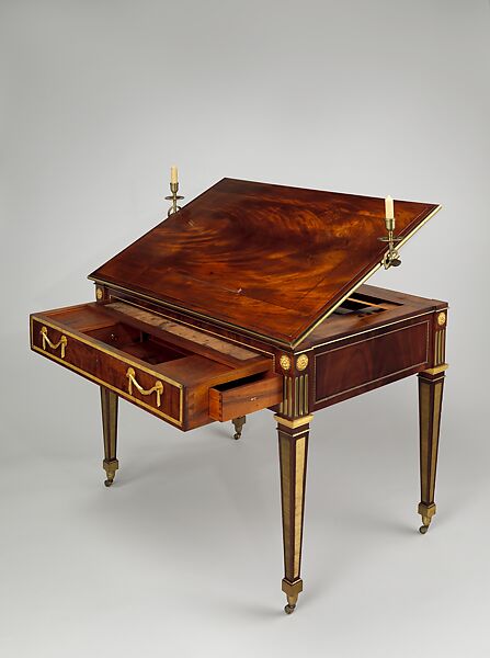 Architect's table, David Roentgen (German, Herrnhaag 1743–1807 Wiesbaden, master 1780), Oak, mahogany, walnut, pine, and cherry, veneered with mahogany; gilt bronze, brass, iron, steel; partially tooled and gilded leather, German, Neuwied am Rhein
