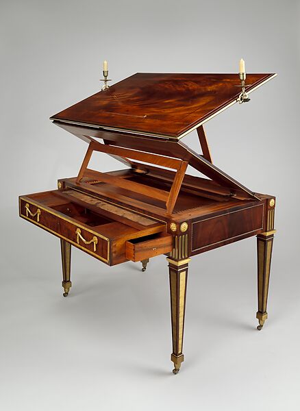 Architect's table, David Roentgen (German, Herrnhaag 1743–1807 Wiesbaden, master 1780), Oak, mahogany, walnut, pine, and cherry, veneered with mahogany; gilt bronze, brass, iron, steel; partially tooled and gilded leather, German, Neuwied am Rhein 