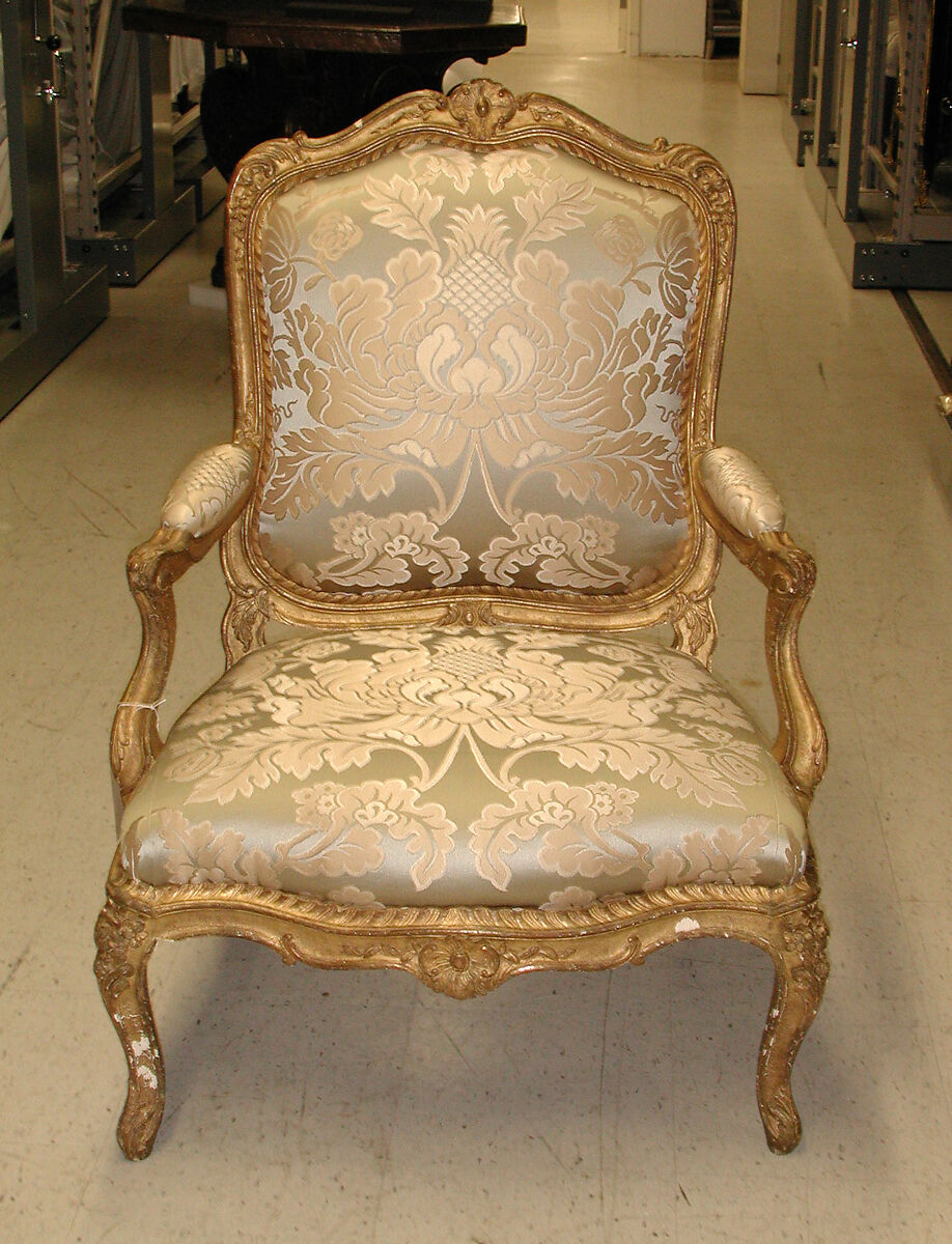 Armchair (one of a pair), Possibly by Louis I Cresson (French, 1706–1761), Carved and gilded beechwood; olive green velvet upholstery, French, Paris 