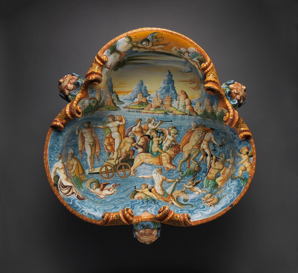 Wine cooler with A Marine Triumph of Bacchus, Perhaps workshop of Guido Durantino (Italian, Urbino, active 1516–ca. 1576), Maiolica (tin-glazed earthenware), Italian, Urbino