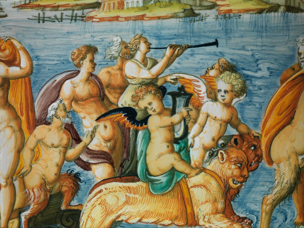 Wine cooler with A Marine Triumph of Bacchus, Perhaps workshop of Guido Durantino (Italian, Urbino, active 1516–ca. 1576), Maiolica (tin-glazed earthenware), Italian, Urbino