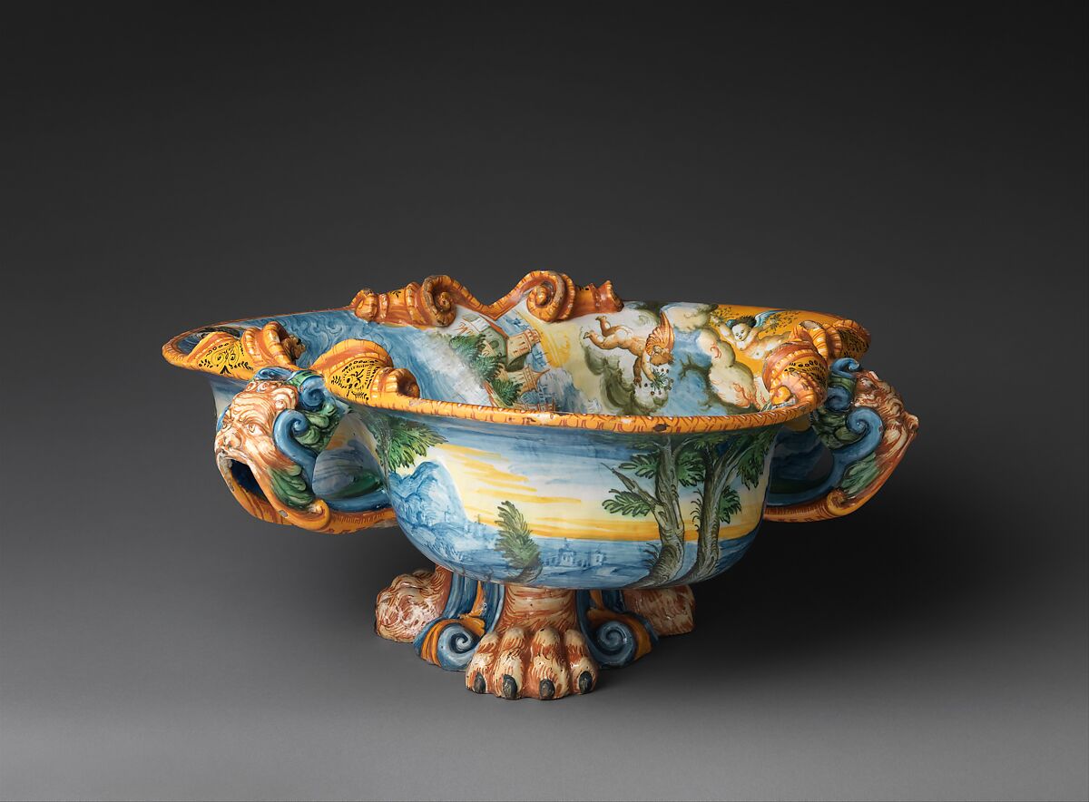 Wine cooler with A Marine Triumph of Bacchus, Perhaps workshop of Guido Durantino (Italian, Urbino, active 1516–ca. 1576), Maiolica (tin-glazed earthenware), Italian, Urbino 