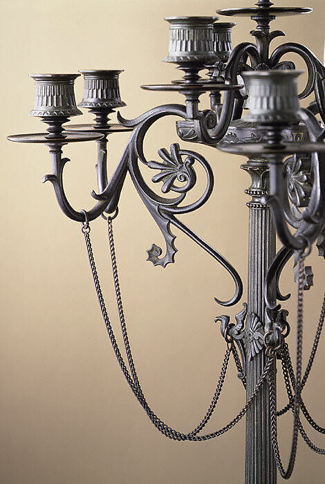 Ten-light Grecian-style candelabrum (one of a pair), Antoine-Louis Barye (French, Paris 1795–1875 Paris), Bronze, French