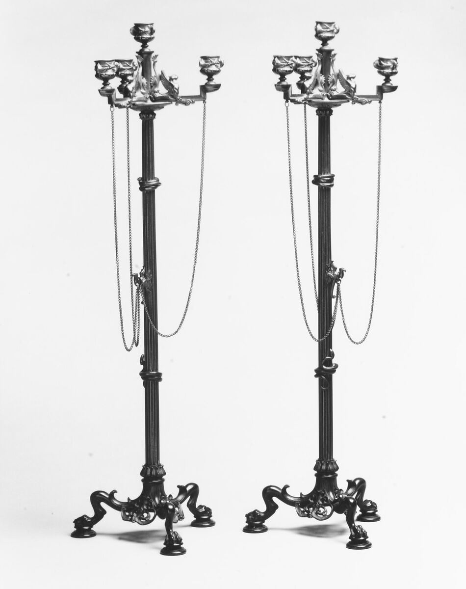 Four-light candelabrum (one of a pair), Antoine-Louis Barye (French, Paris 1795–1875 Paris), Bronze, French 