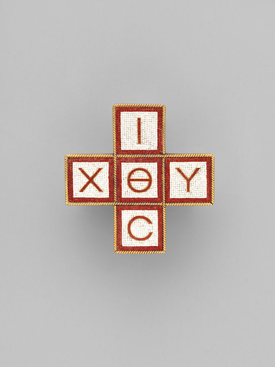 Brooch with Greek letters, Firm of Castellani, Gold, glass tesserae, Italian, Rome 
