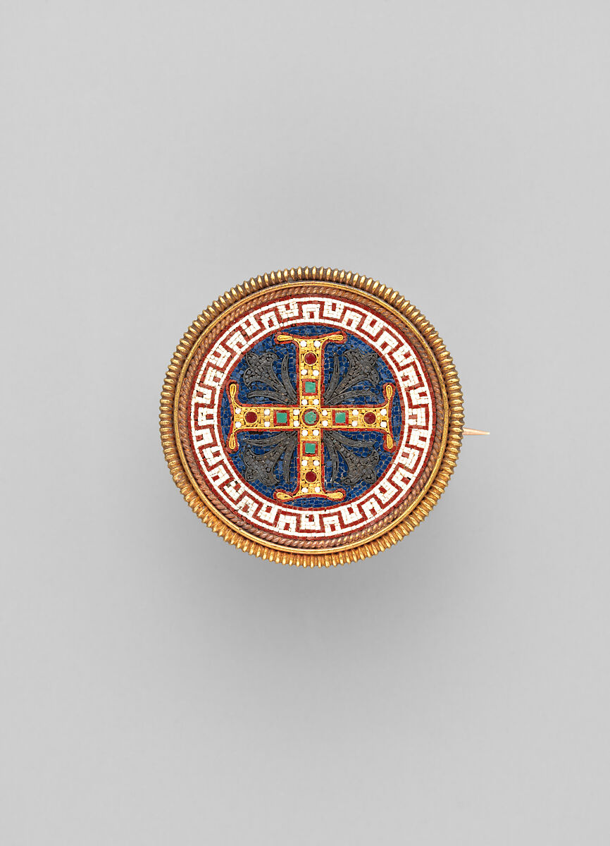 Brooch with Greek Cross, Firm of Castellani, Gold, glass tesserae, Italian, Rome 