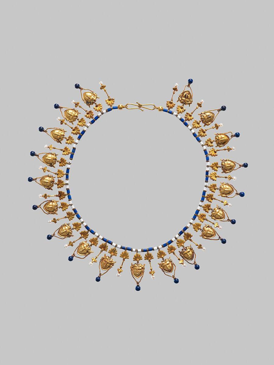 Necklace with Satyr's-head pendants, Carlo Giuliano (Italian, active England, ca. 1831–1895), Gold, lapis lazuli, pearls, enamel, British, London 