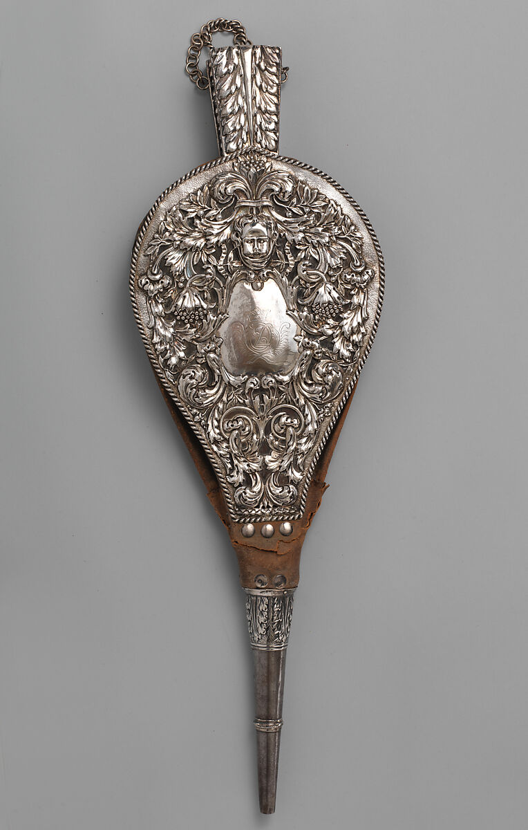 Bellows (part of a set), Silver, iron, leather, wood, British 