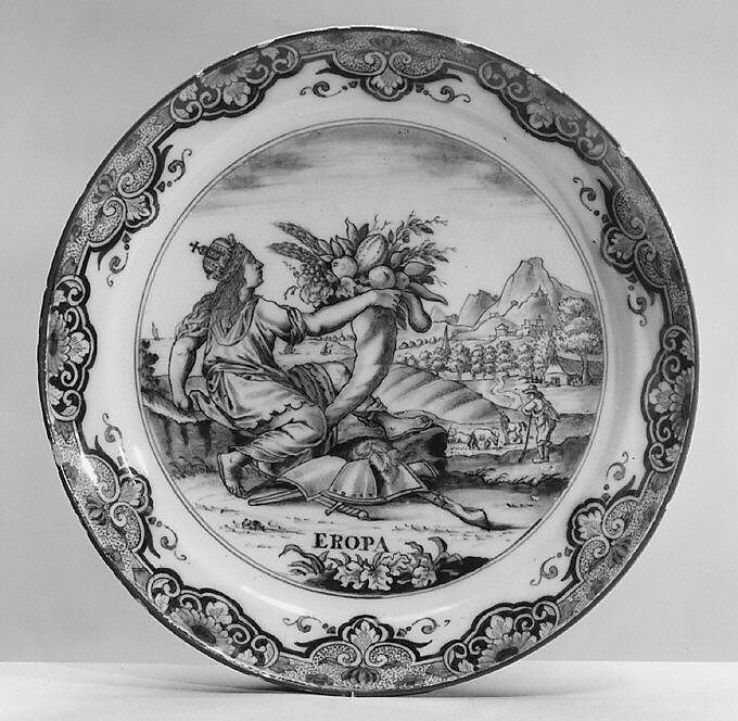 Europe (part of a set of four), After an engraving by Johann Sadeler I (Netherlandish, Brussels 1550–1600/1601 Venice), Tin-glazed earthenware, German, Frankfurt 