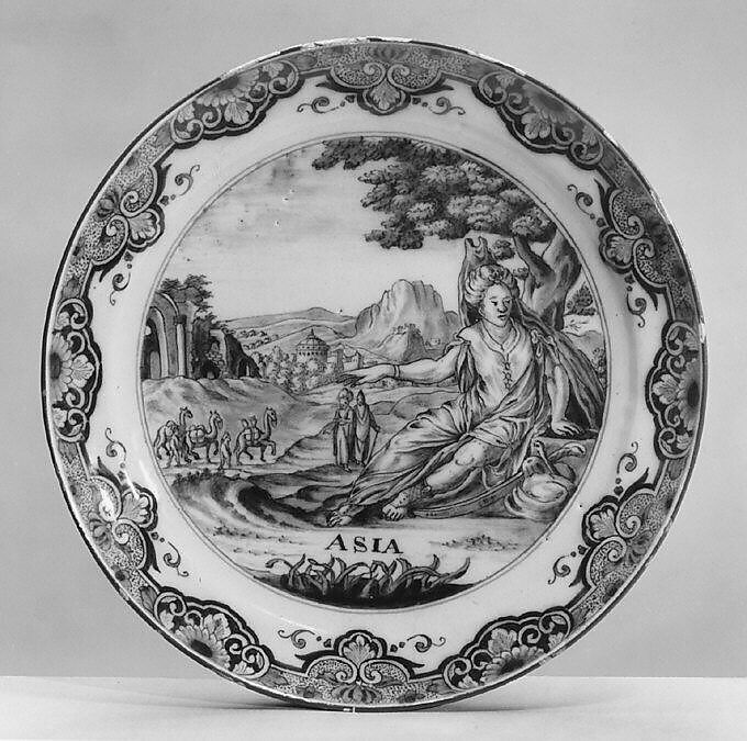 Asia (part of a set of four), After an engraving by Johann Sadeler I (Netherlandish, Brussels 1550–1600/1601 Venice), Tin-glazed earthenware, German, Frankfurt 