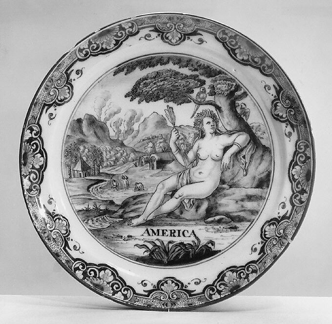 America (part of a set of four), After an engraving by Johann Sadeler I (Netherlandish, Brussels 1550–1600/1601 Venice), Tin-glazed earthenware, German, Frankfurt 