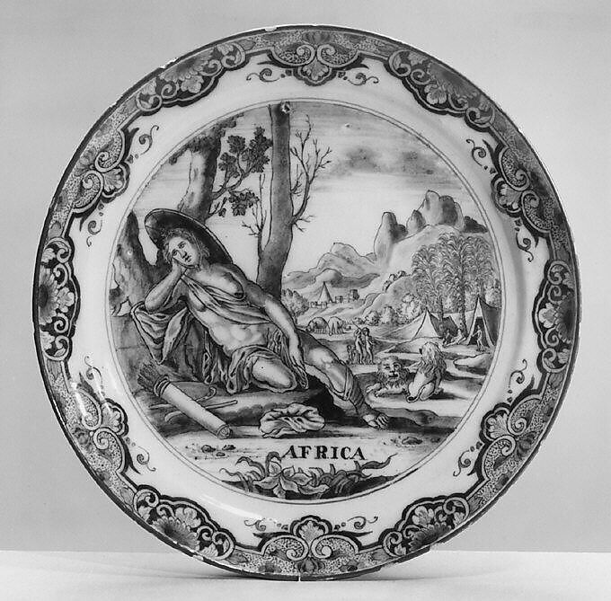 America (part of a set of four), After an engraving by Johann Sadeler I (Netherlandish, Brussels 1550–1600/1601 Venice), Tin-glazed earthenware, German, Frankfurt