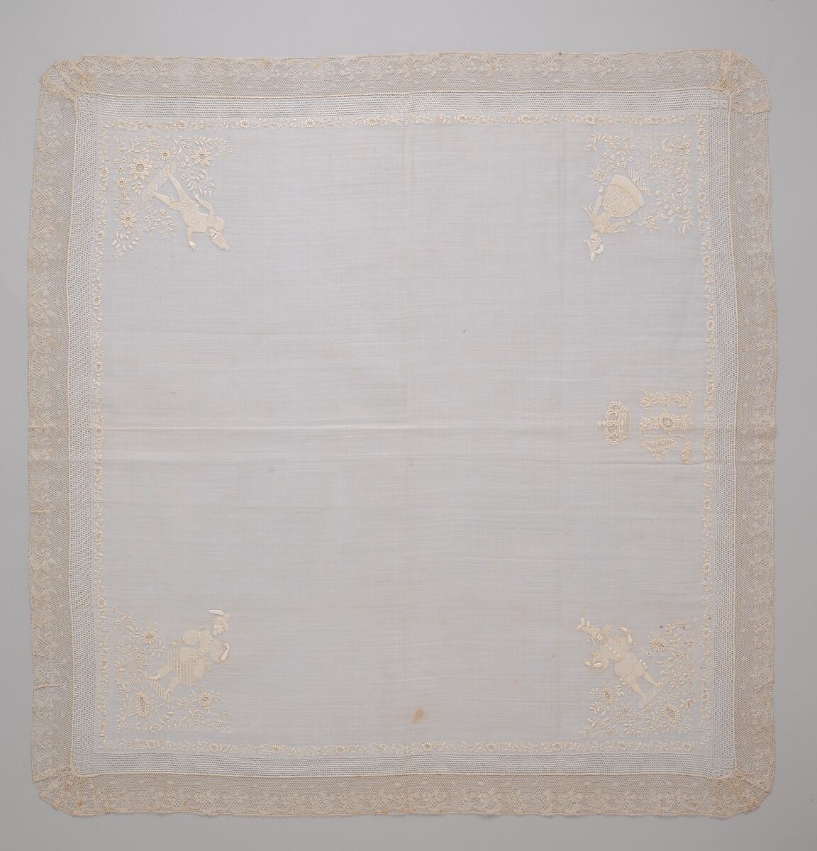 Handkerchief, silk on linen, French or Swiss 