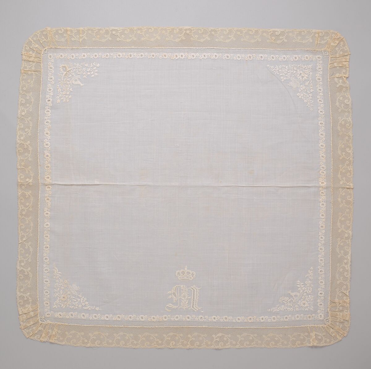 Handkerchief, silk on linen, French or Swiss 