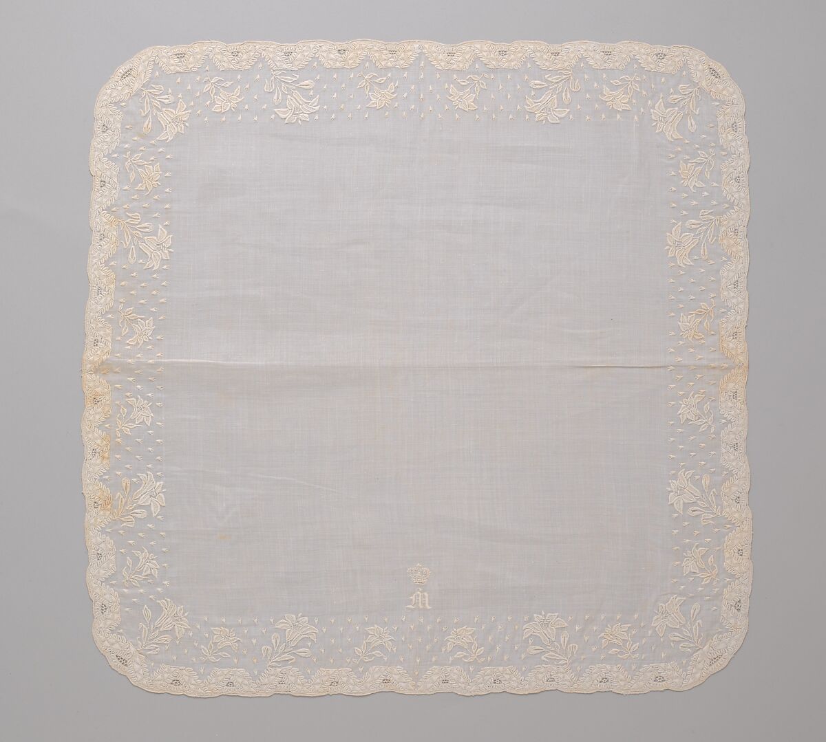 Handkerchief, silk on linen, French or Swiss 