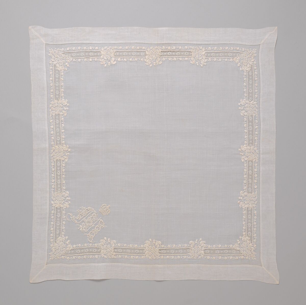Dresser cloth, silk on linen, French or Swiss 