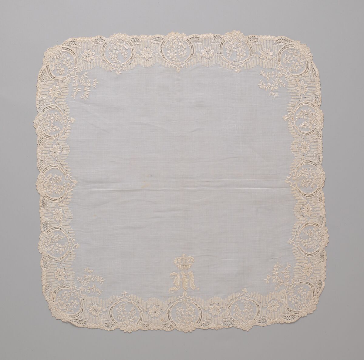 Handkerchief, silk on linen, French or Swiss 