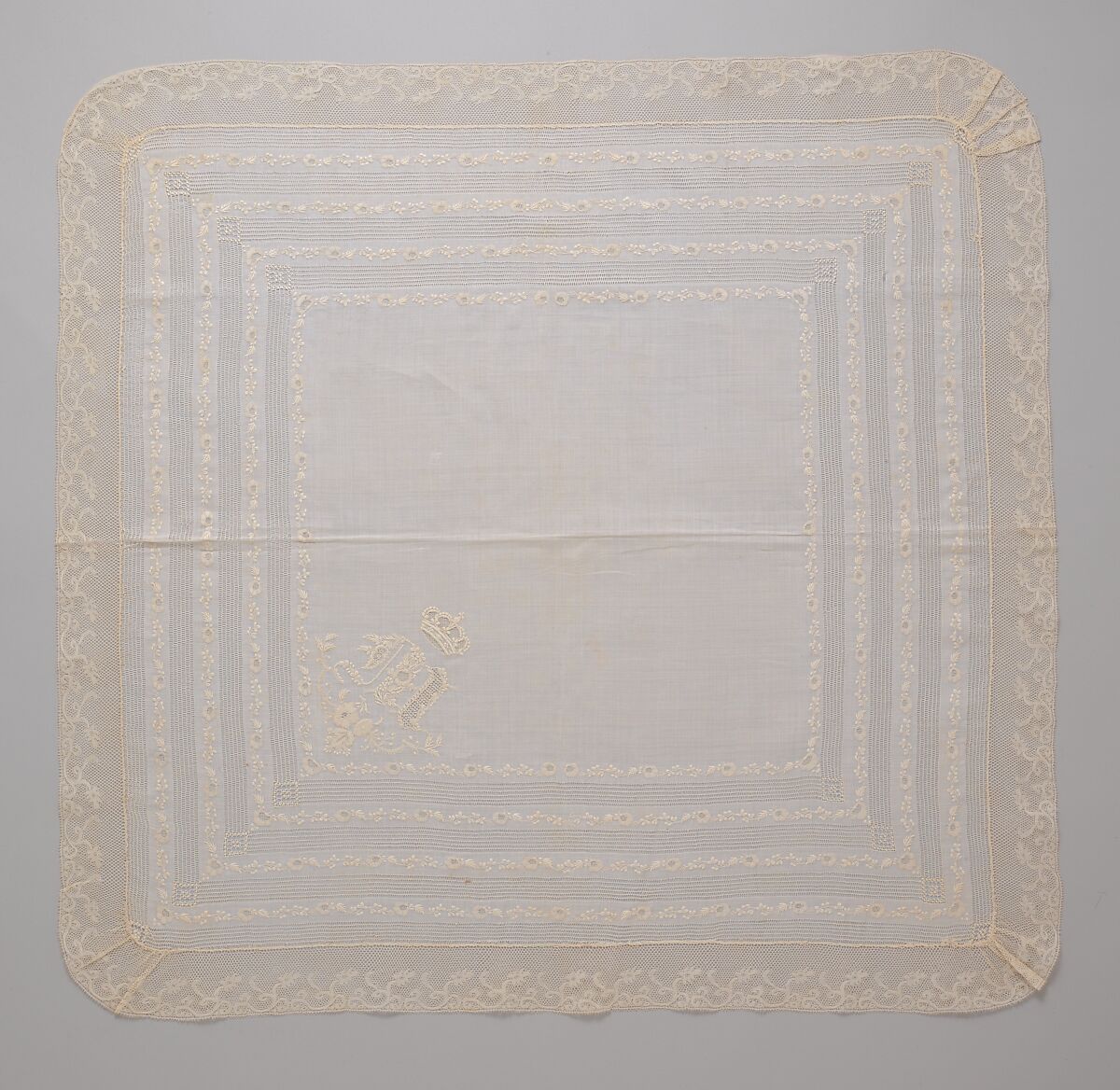 Handkerchief, silk on linen, French or Swiss 