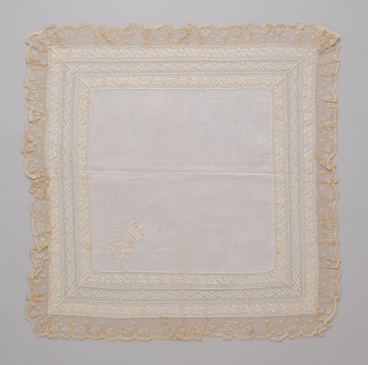 Handkerchief, silk on linen, French or Swiss 