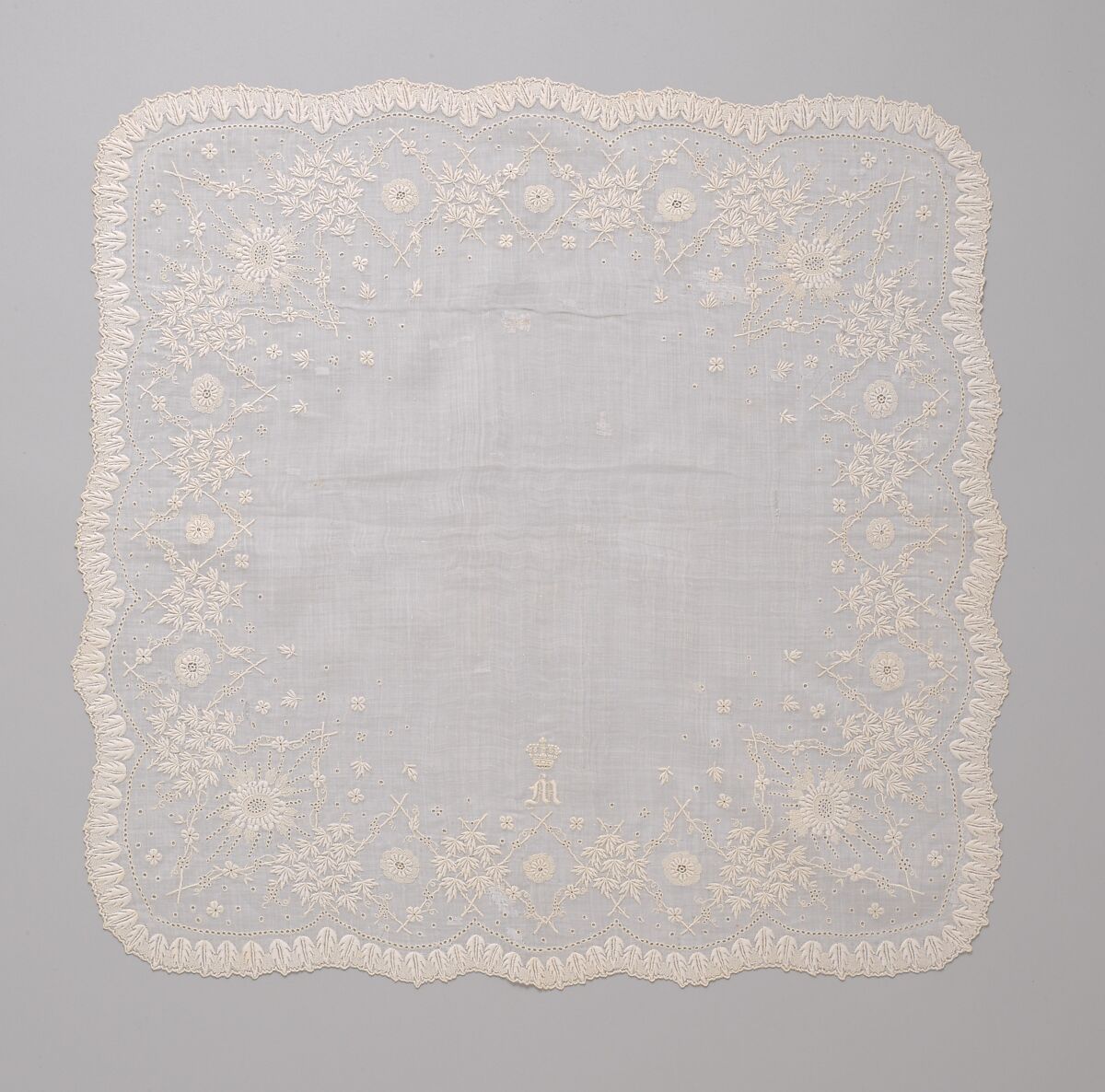 Handkerchief, silk on linen, French or Swiss 