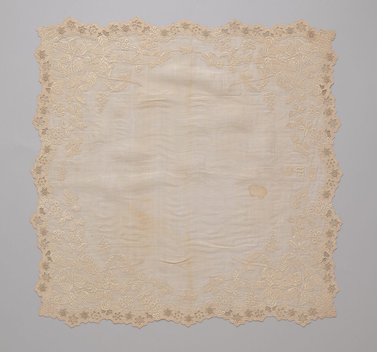 Handkerchief, silk on linen, French or Swiss 