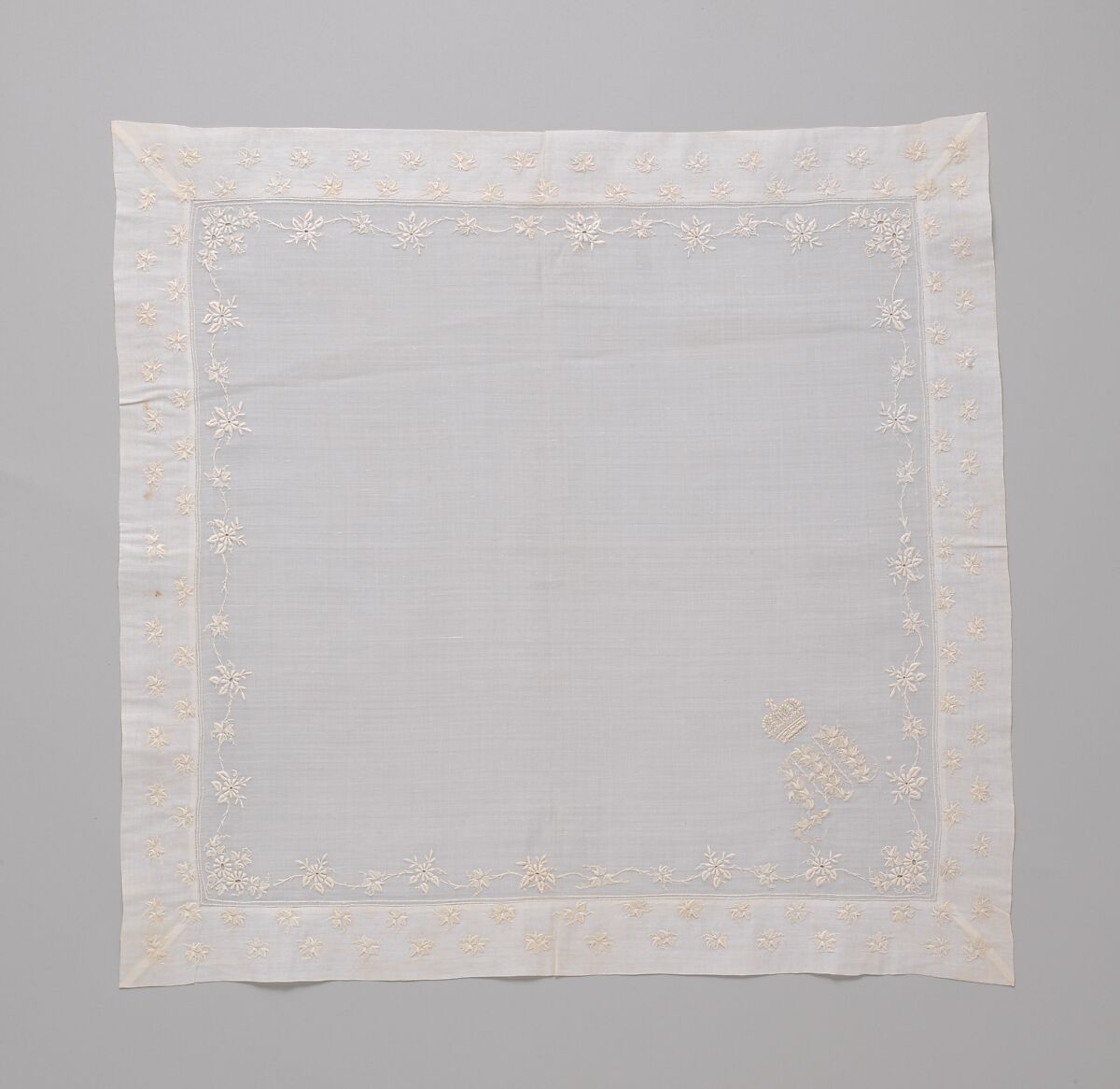 Handkerchief, silk on linen, French or Swiss 