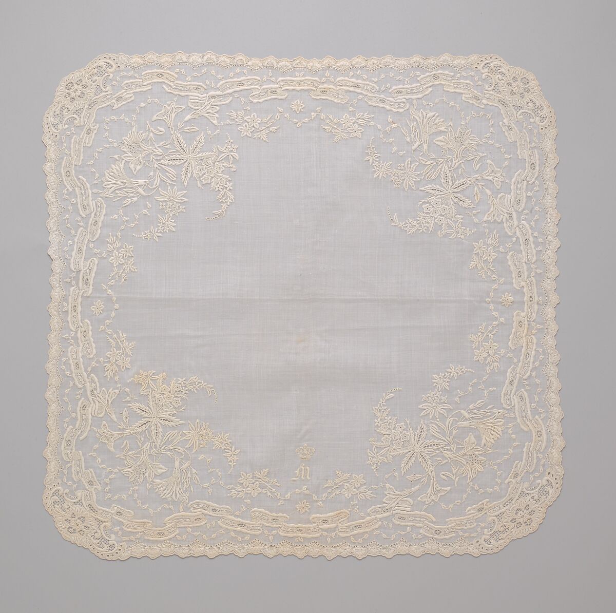 Handkerchief, silk on linen, French or Swiss 