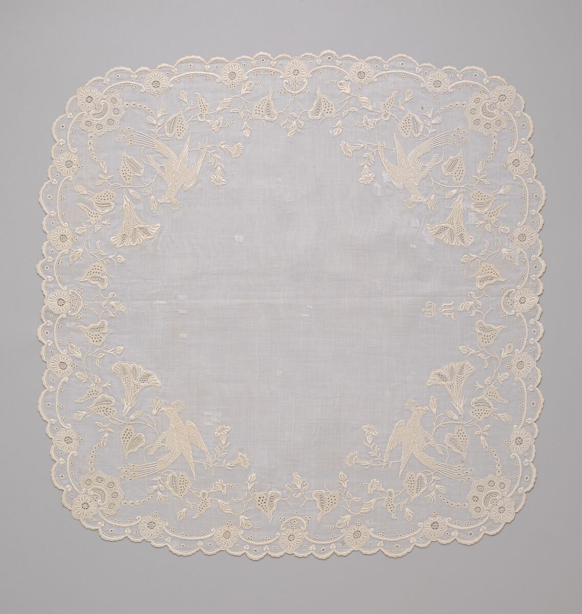 Handkerchief, silk on linen, French or Swiss 