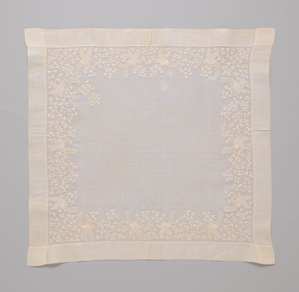 Handkerchief, silk on linen, French or Swiss 