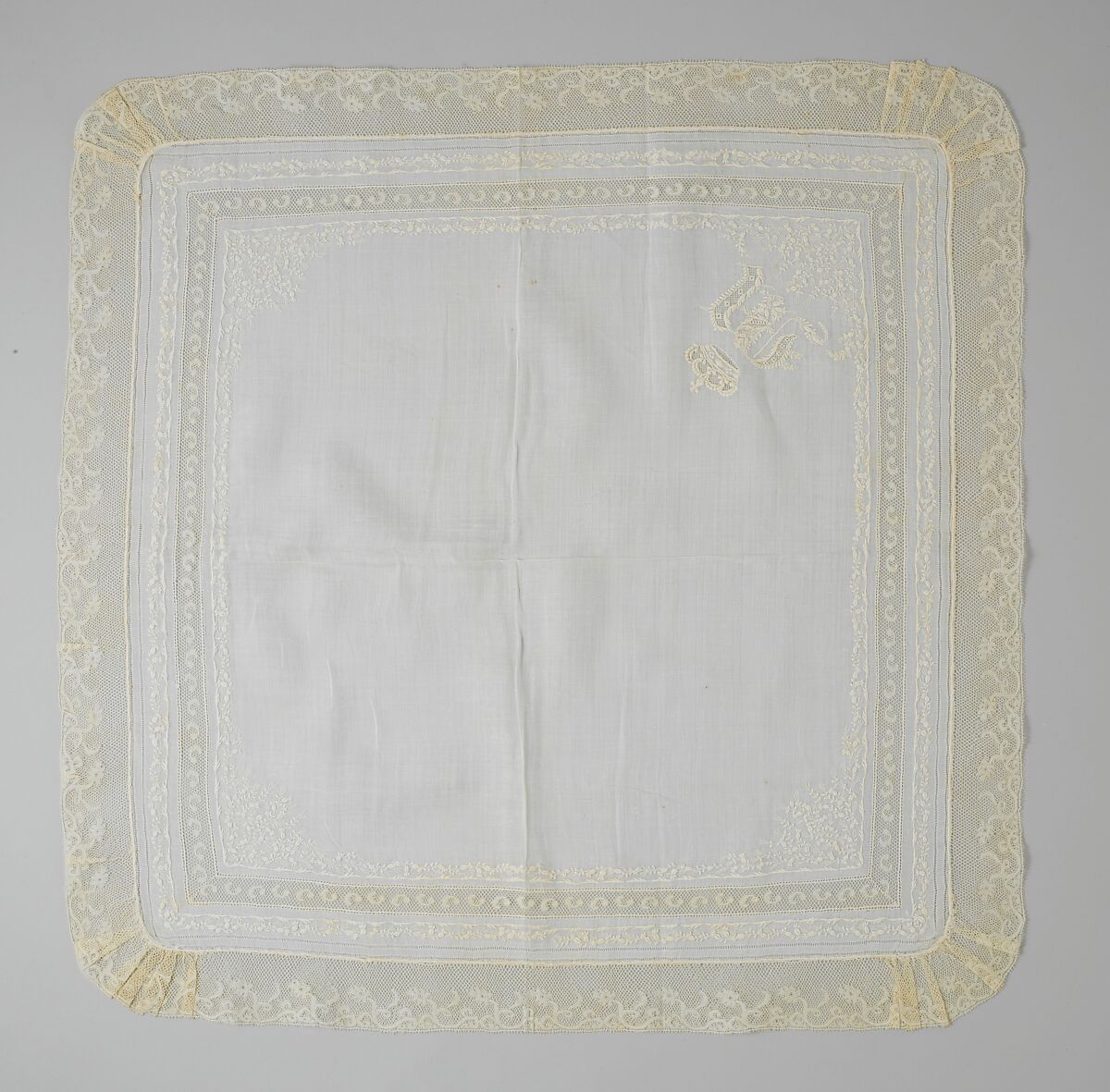 Handkerchief, silk on linen, French or Swiss 
