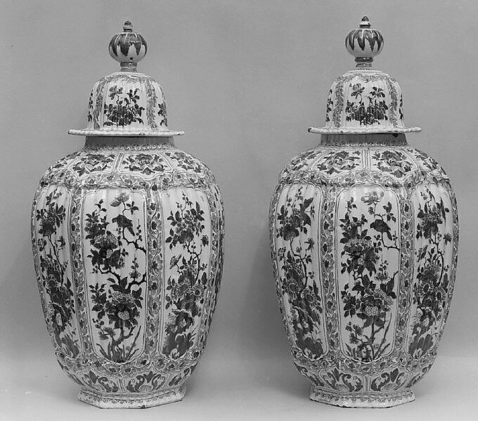 Vase with cover (one of a pair), Lambertus van Eenhoorn (Dutch, 1651–1721), Tin-glazed earthenware, Dutch, Delft
