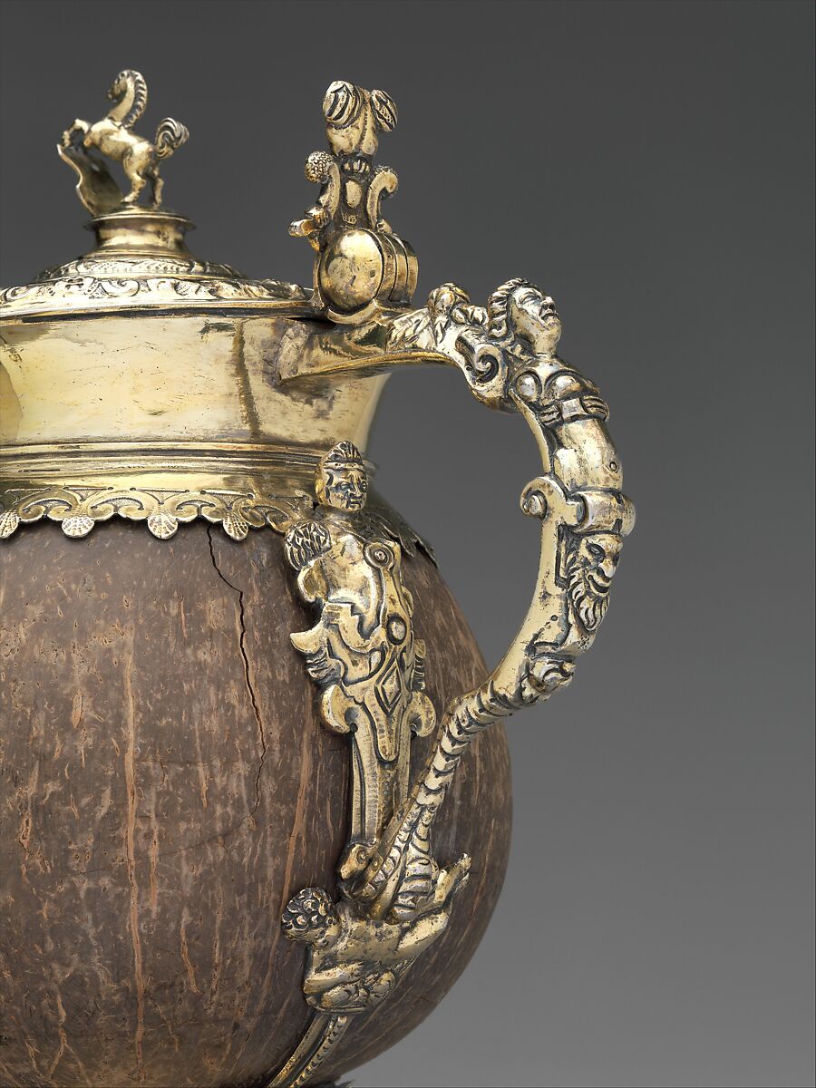 Coconut tankard, Andreas Fleischer (active 1605–18), Coconut shell, gilded silver, Hungarian, Nagyszeben